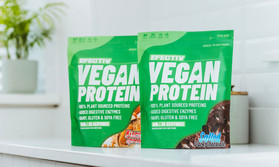 Two bags of Efectiv Vegan Protein on a bright white kitchen worktop