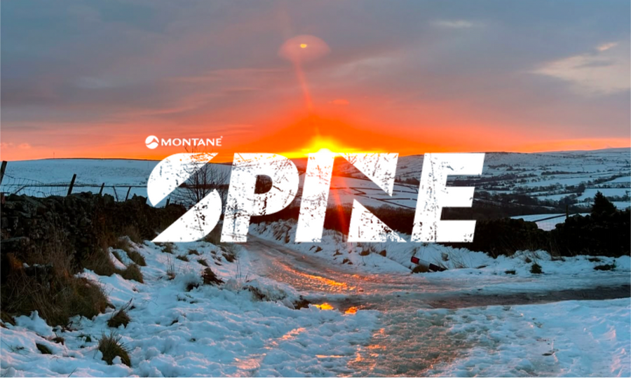 Snow-covered track at sunset with the Montane Spine logo overlaid