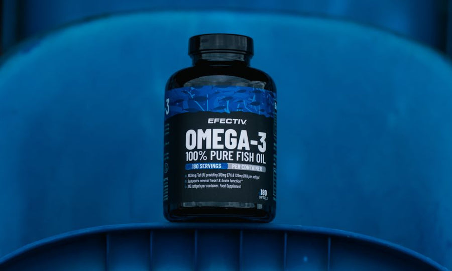 Efectiv Omega-3 fish oil bottle against a blue background
