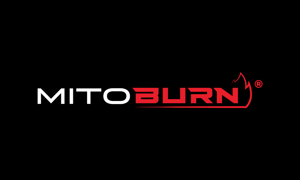 MitoBurn logo in white and red on a black background