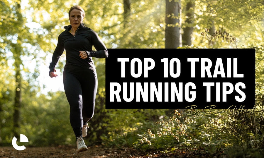 Woman running along a sunlit woodland trail beside the words Top 10 Trail Running Tips