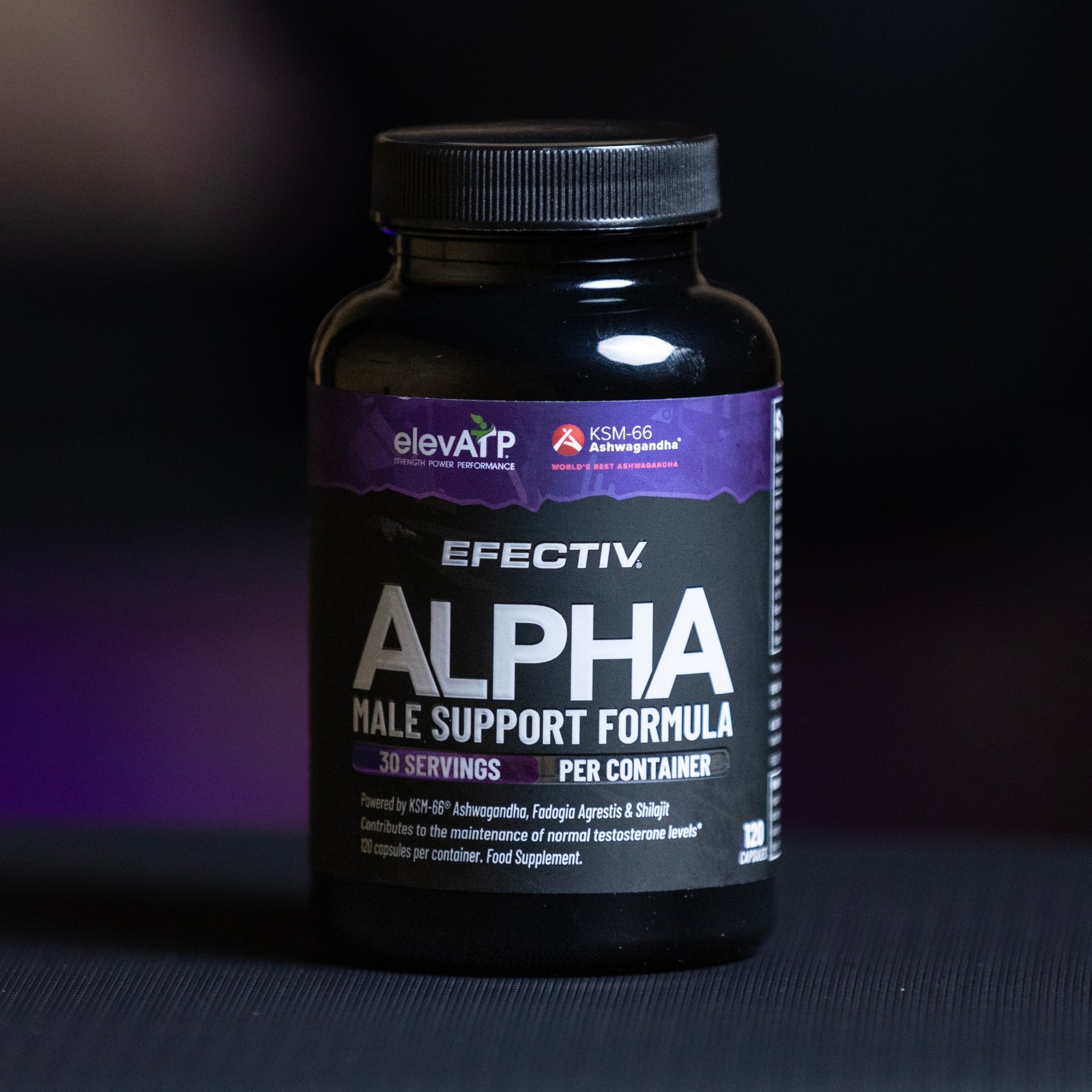 A bottle of EFECTIV ALPHA Male Support Formula with 120 capsules. The bottle is black with a purple label displaying the product name and branding.