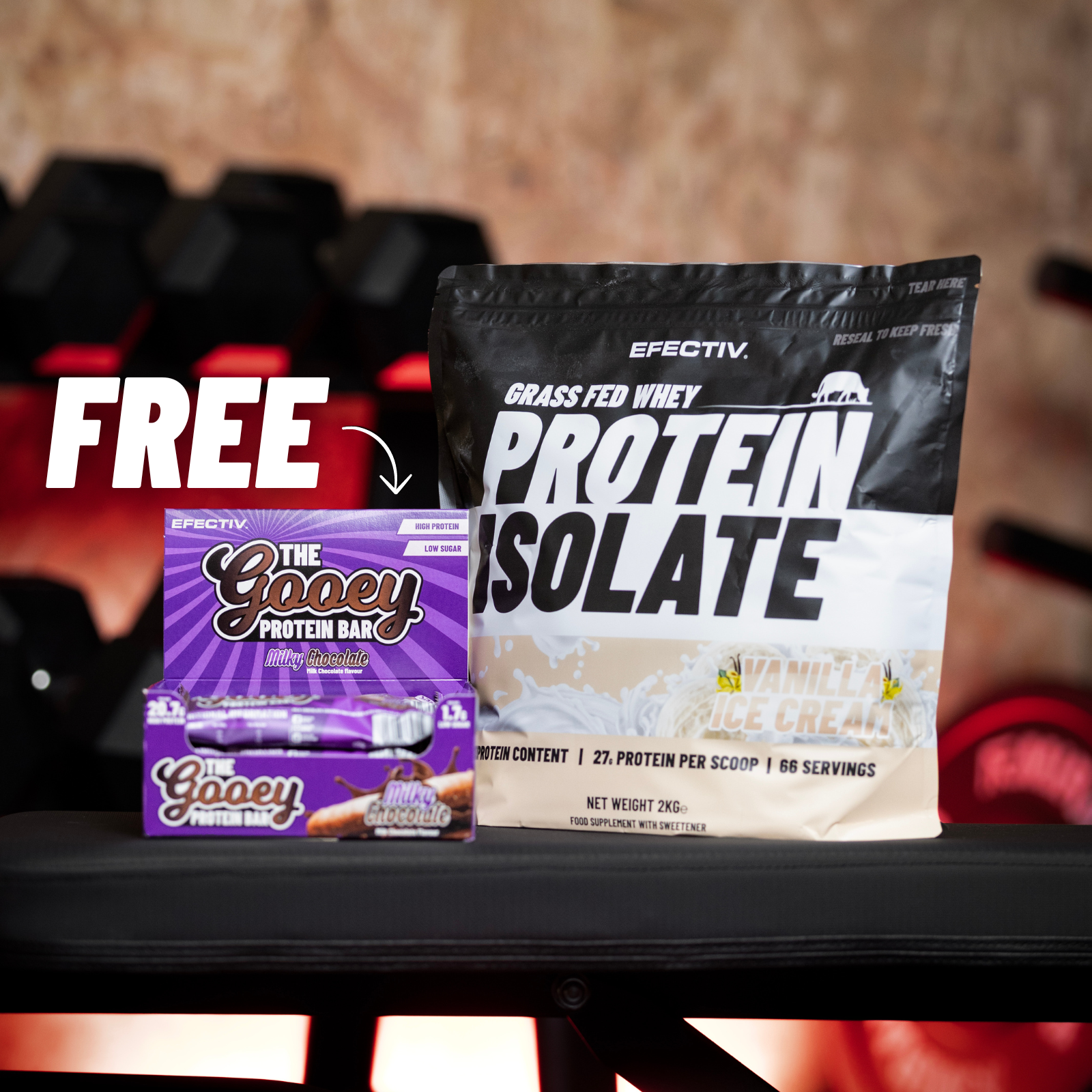 EFECTIV Grass Fed Whey Protein Isolate 2kg + The Gooey Protein Bar 12 x 65g